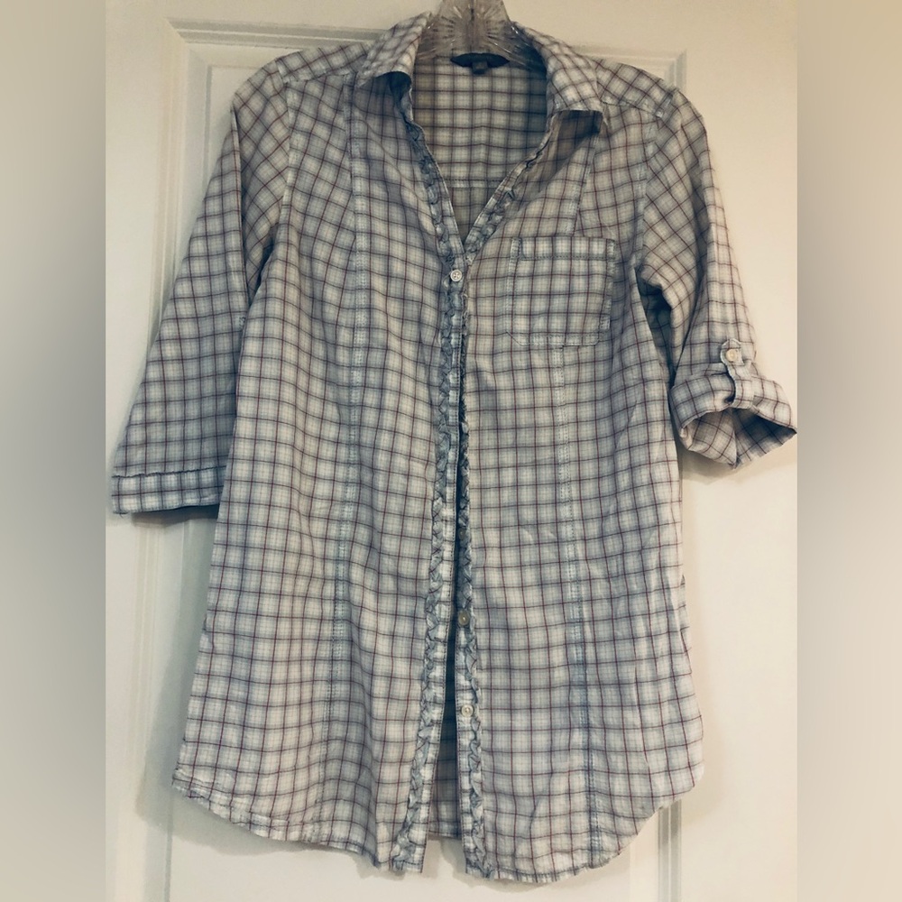 Plaid Button Down with Ruffle Trim